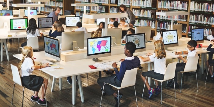 Children studying in school library