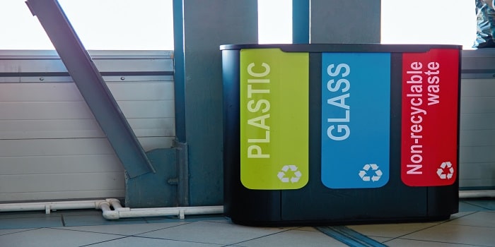 Recycling bins for plastic, glass