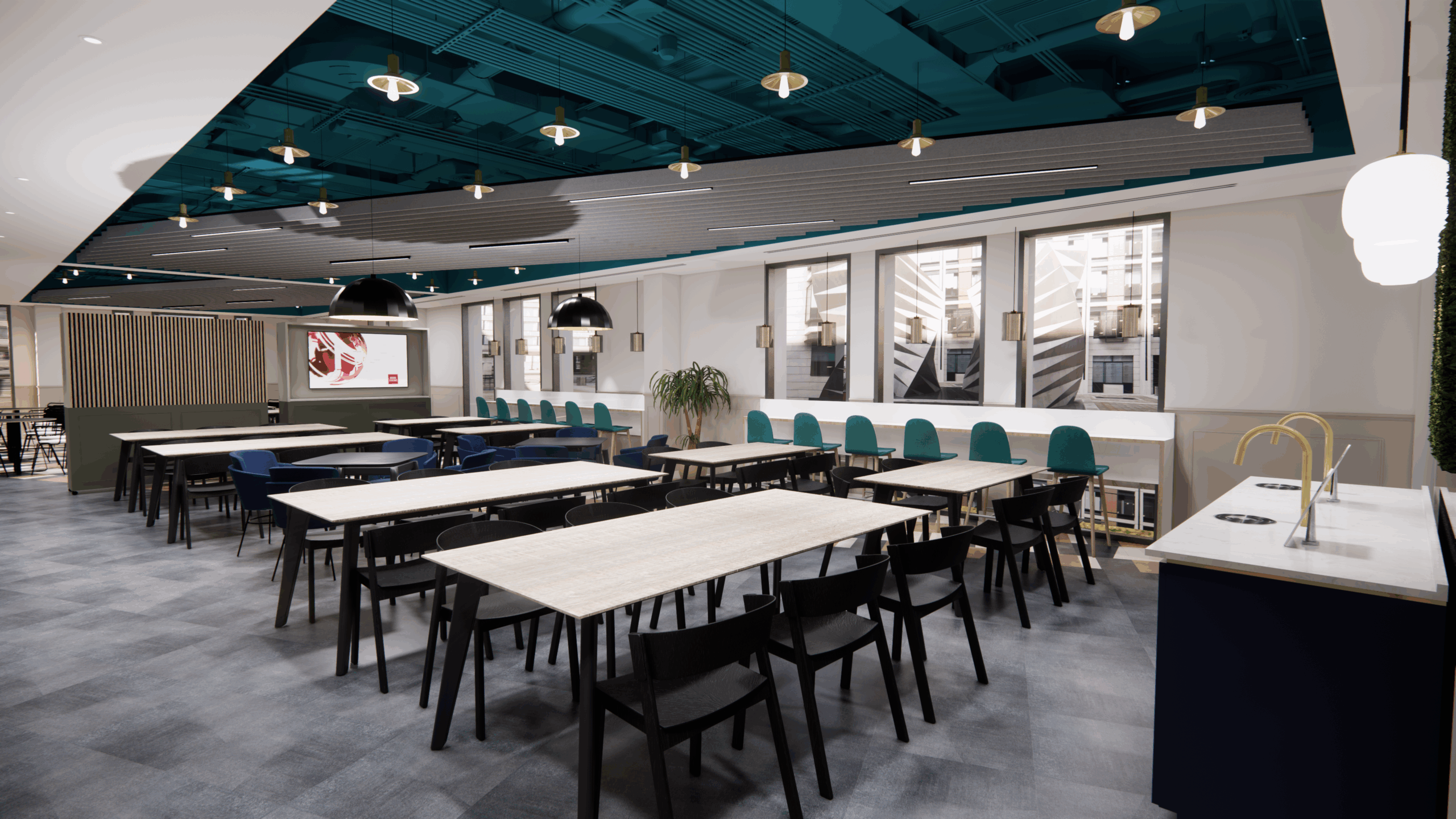 Image shows a communal space in the IDRC office in London